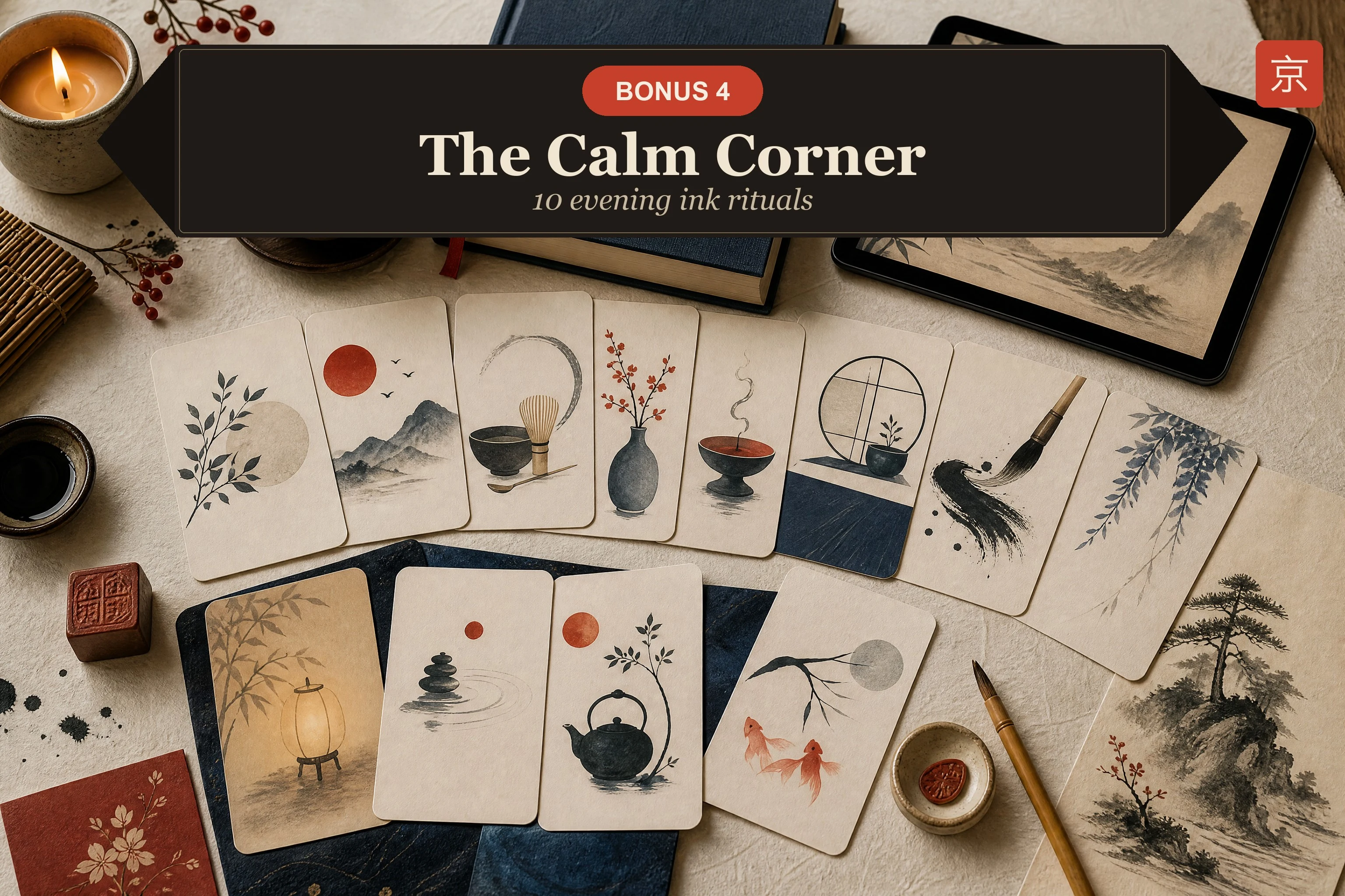 The Calm Corner — open evening workbook by a window with candle, tea and hoop