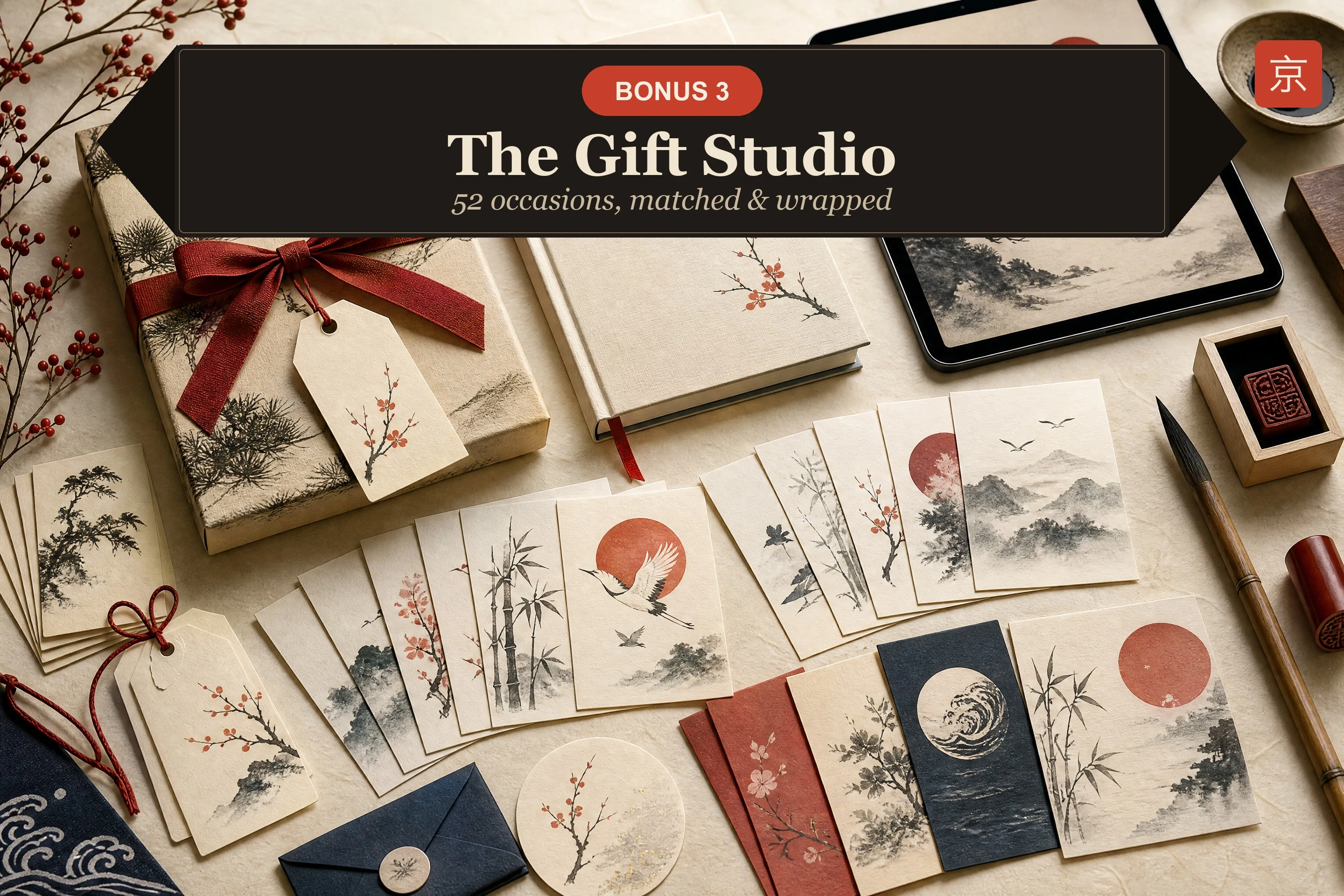 The Gift Studio — a finished piece wrapped as a gift with tag and note cards