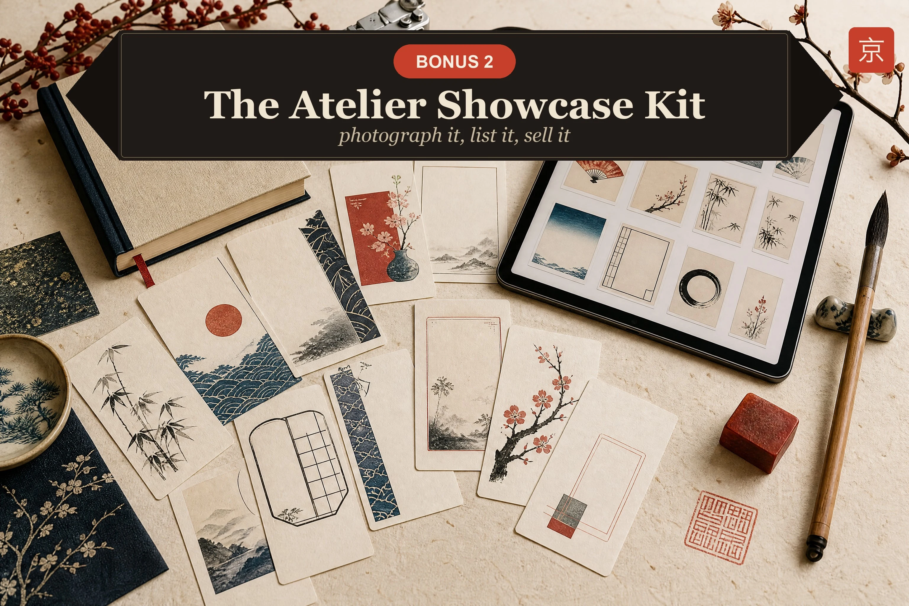 The Atelier Showcase Kit — a small camera, flat-lay cards and an Etsy listing on a tablet