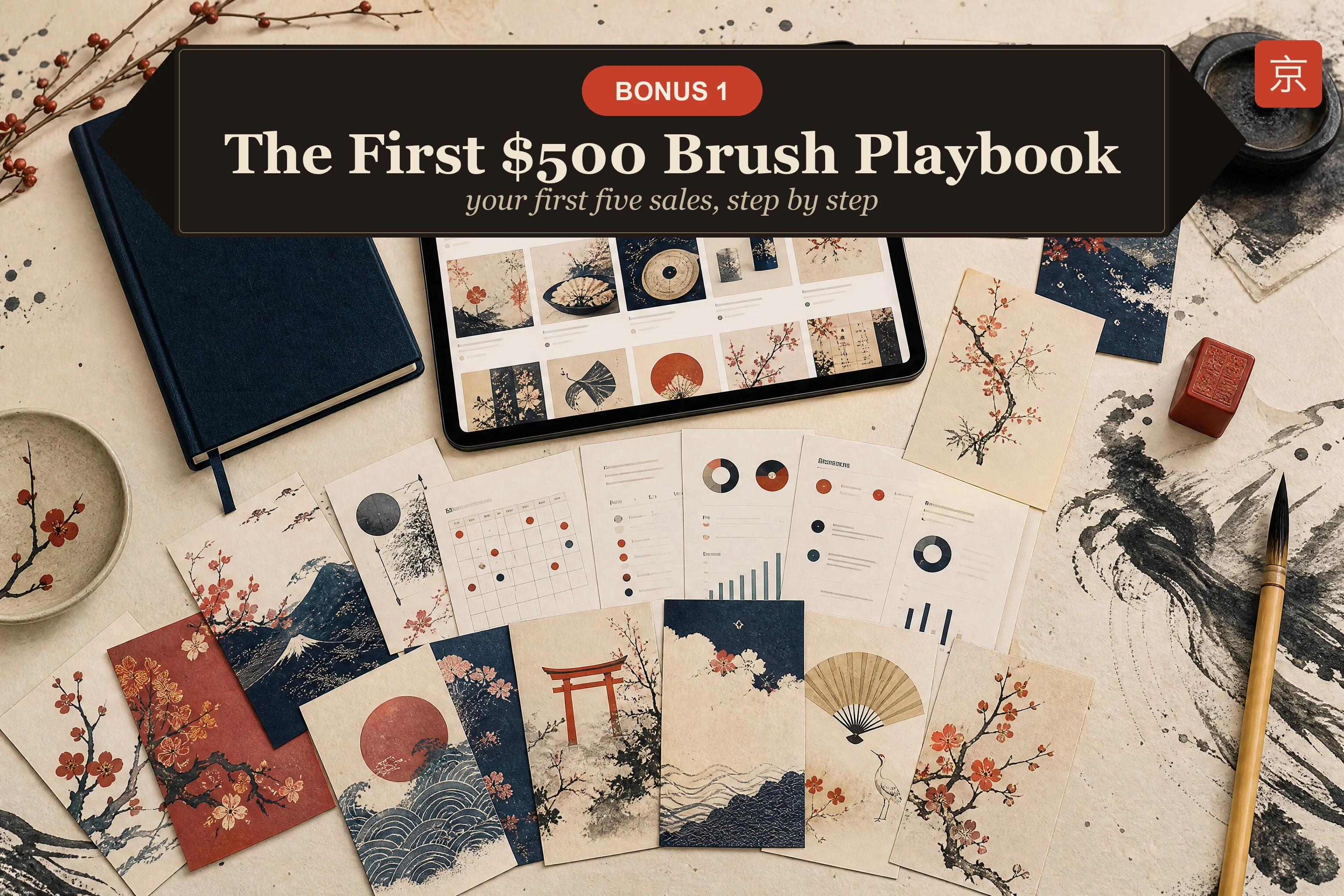 The First $500 Brush Playbook — an income roadmap book with price tags and an Etsy listing