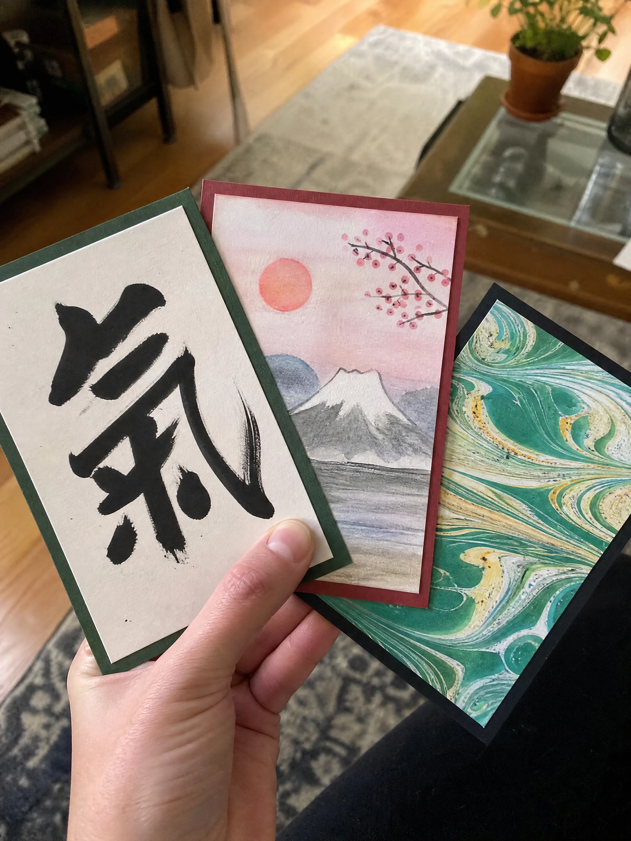 Several small finished Japanese art pieces made as gifts