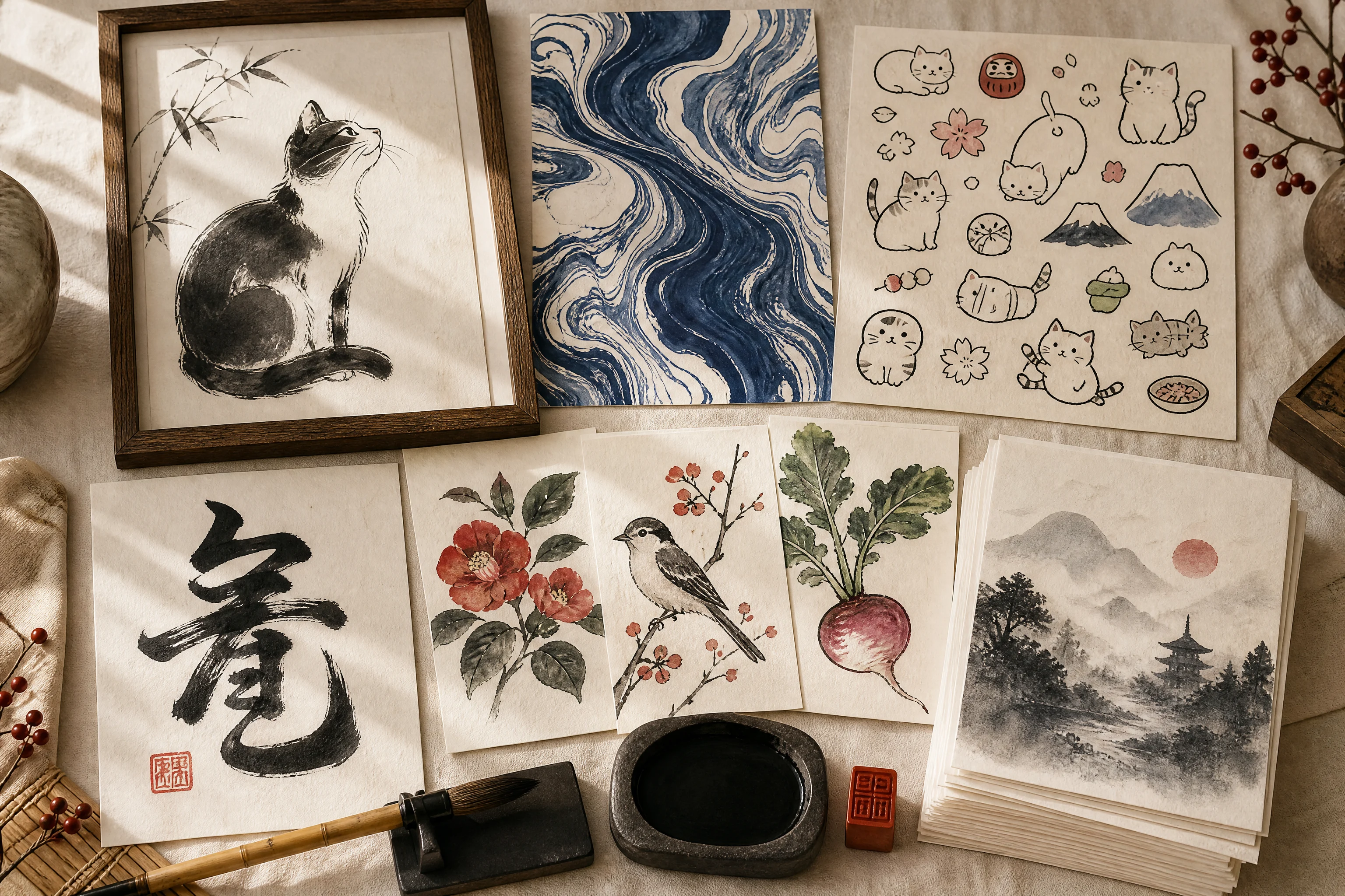 The Kyoto Atelier — the complete Japanese art studio: printable art sheets, a sumi brush, ink stone, finished ink paintings and a red hanko seal in warm light