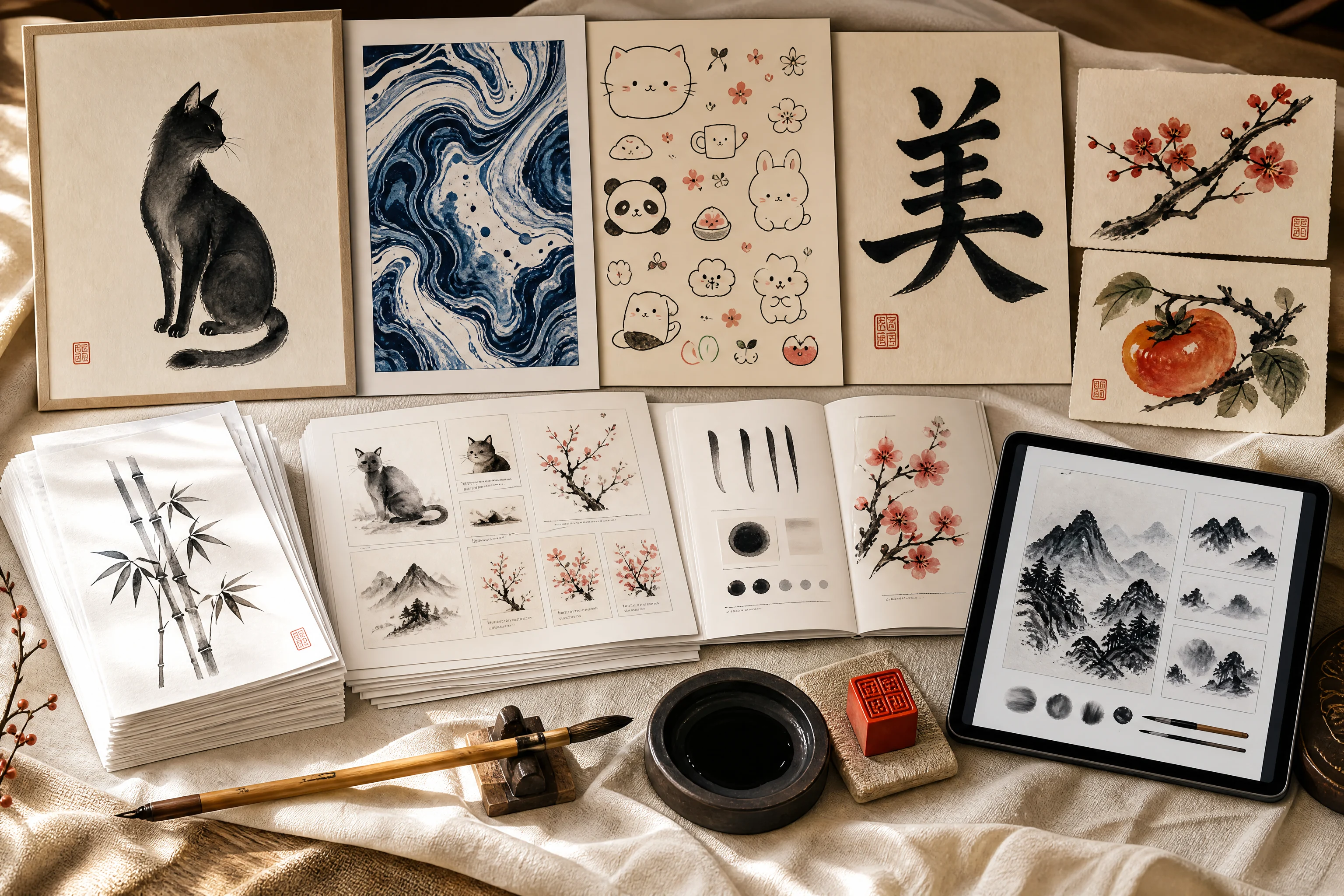 Everything included in The Kyoto Atelier — the 200+ printable art sheets, step-by-step guides, the 5 studios, finished ink paintings, a sumi brush, ink stone and red hanko seal